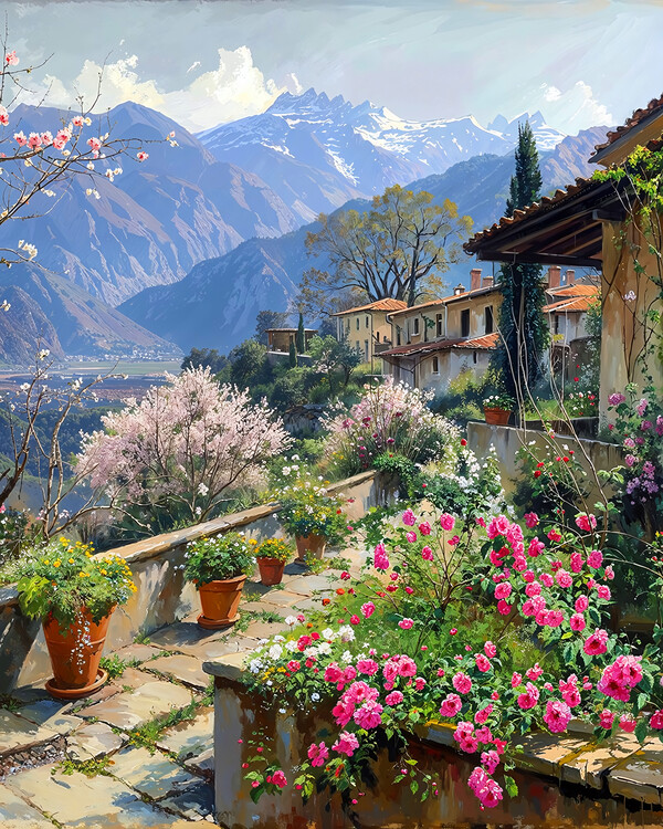 Poster A Picturesque Village Blooming Flowers in a Mountain