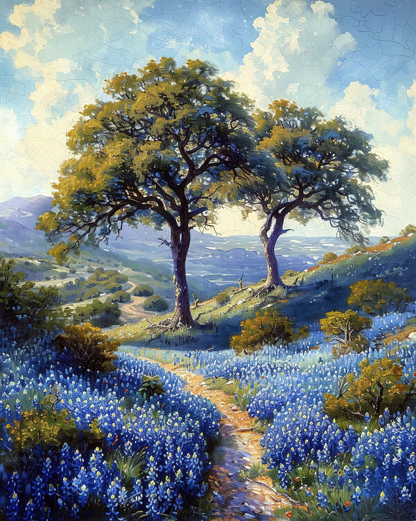 Poster A pathway in the landscape bordered by lavender flowers