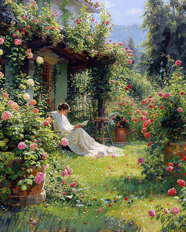 Poster A woman dressed in white reads a book in her garden.