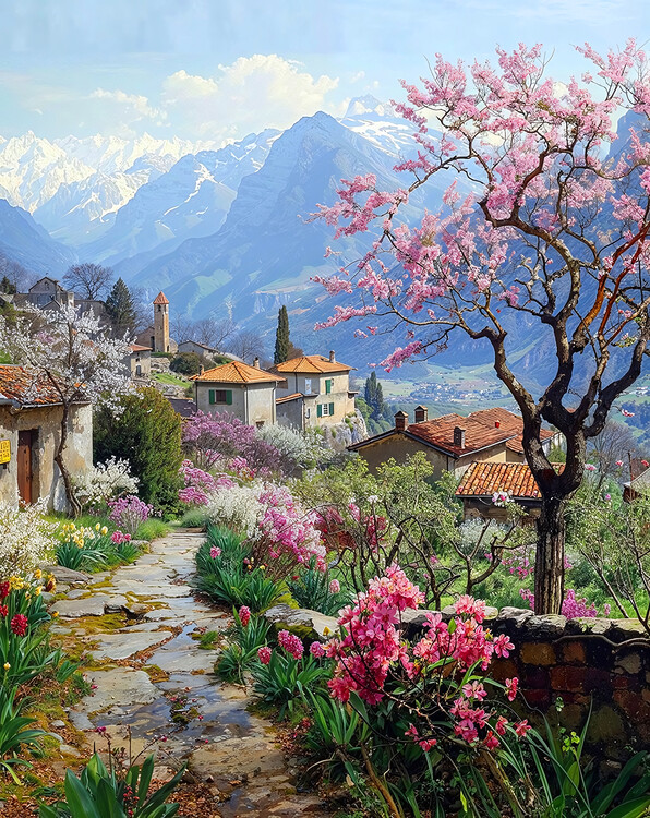 Poster A Picturesque Village Surrounded by Blooming Flowers