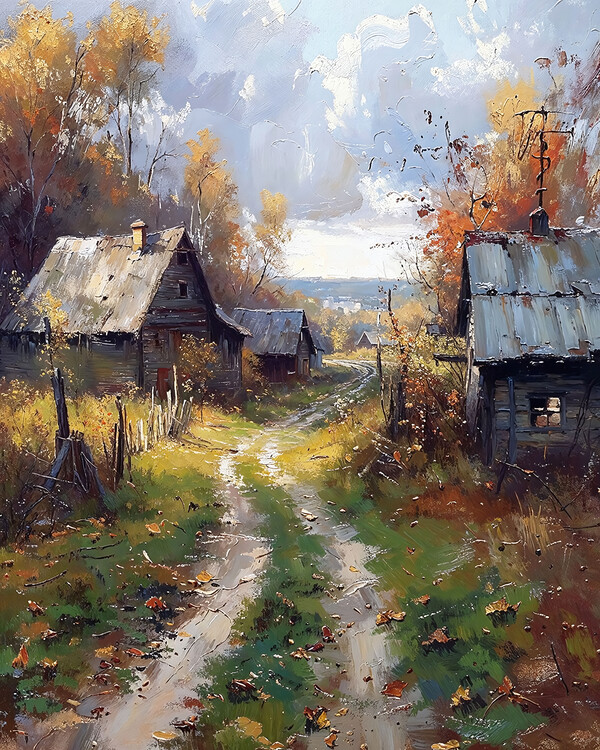 Poster A Rustic Road Through Wooden Cabins, Wall Decor for sale