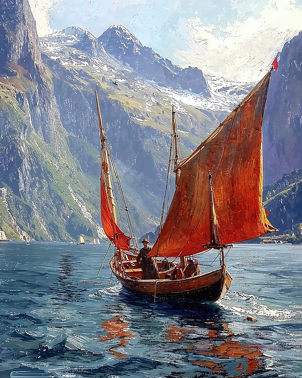 Quadro em tela A sailboat in a valley between the mountains, wall decor