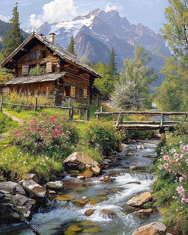 Poster A stream of water near a house & a wooden bridge, wall decor