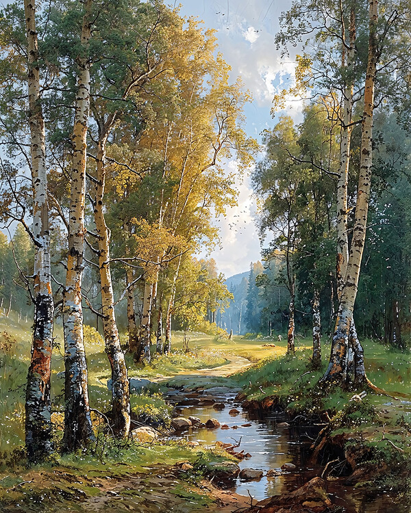 Poster A stream running through a birch forest, Wall Decor for Room