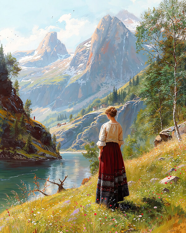 Poster A woman from the 19th century stands in a verdant valley
