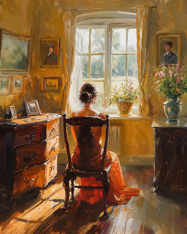 Poster A woman sits in a chair and looks out the window, wall decor