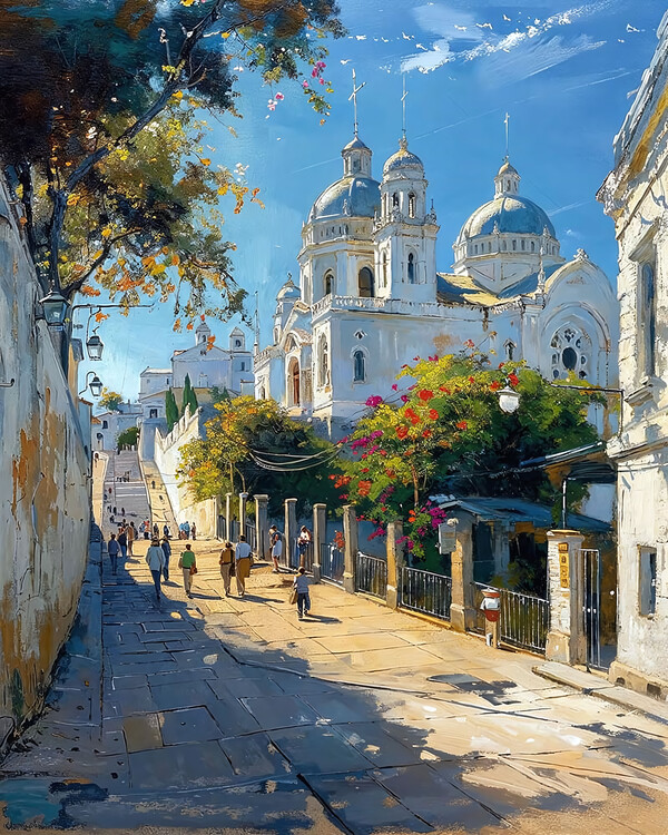 Poster a street in the center of a Mediterranean town,, wall decor