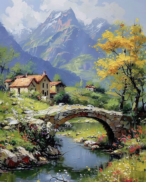 Poster A village at the foot of the mountain & a cubic arch bridge