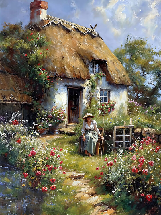 Poster A woman sits in a garden in front of a hut in the countrysid