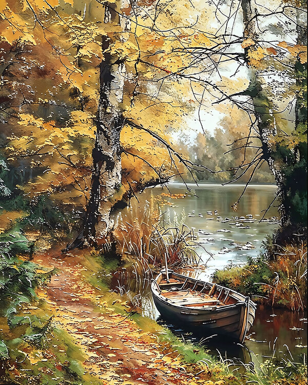 Poster A wooden boat in the middle of an enchanted lake
