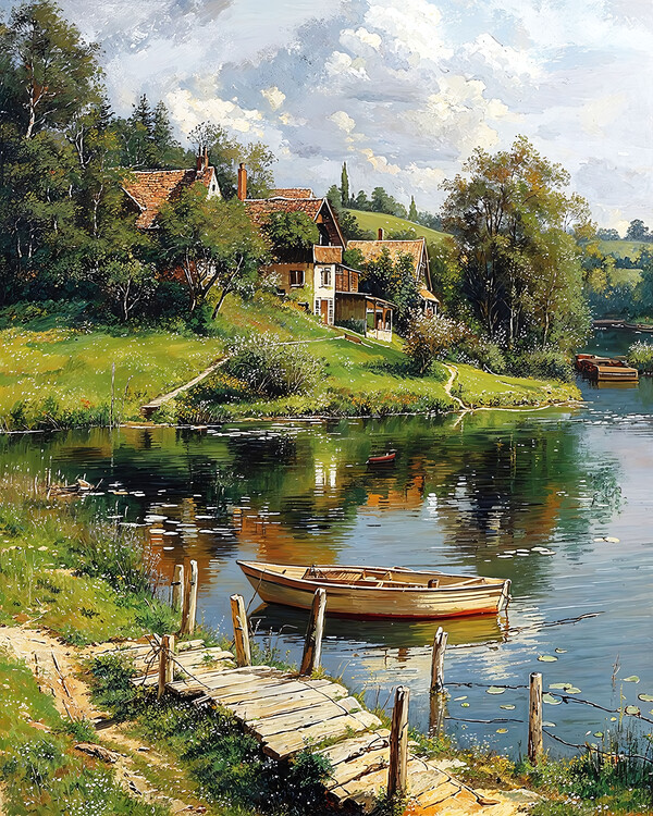 Poster A wooden boat moored next to a river and a traditional villa