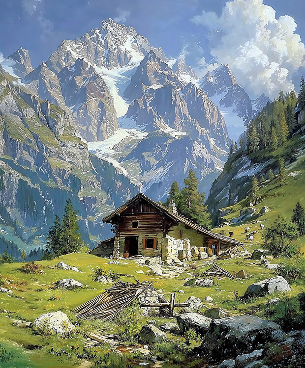 Poster Alpine Log Cabin Amidst Springtime, custom canvas