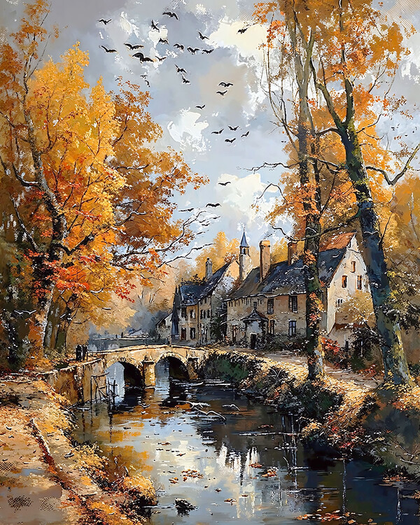 Poster An Old Bridge Spanning a Stream in a Quaint Town
