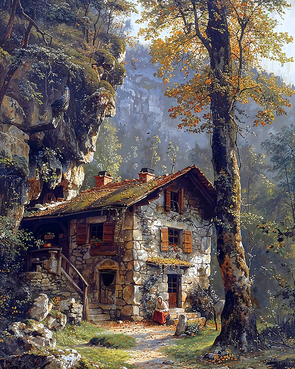 Плакат An Old Country House Nestled in the Forest at the Mountain