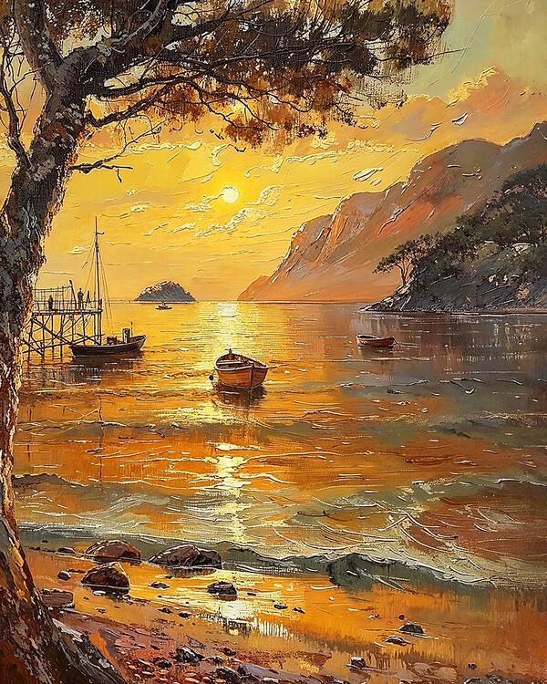 Poster Beach and Boats at Sunset, Wall Decor for sale