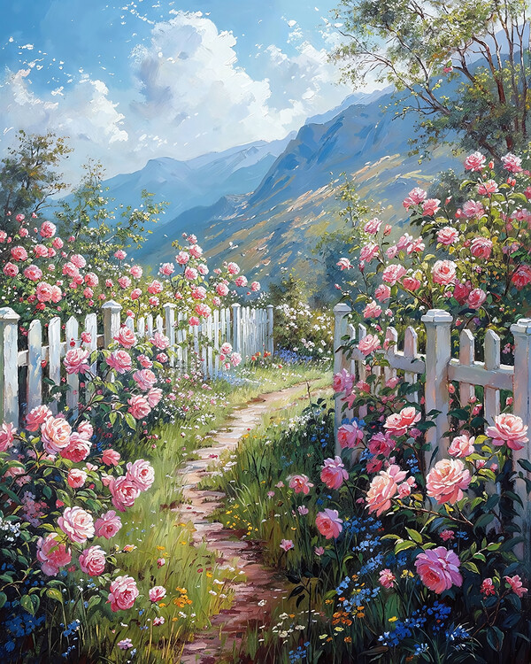 Poster Antique Floral Canvas Depicting a Picturesque Countryside La