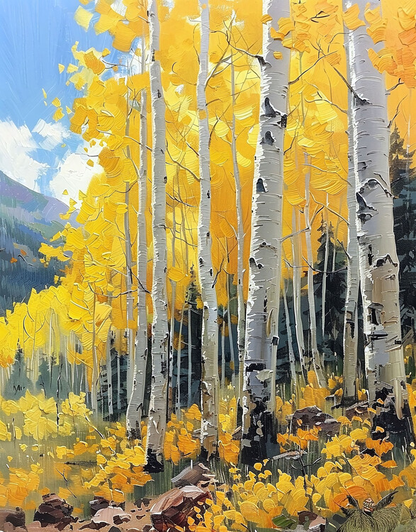 Poster Autumn Birch Trees with Yellow Leaves and White Trunks