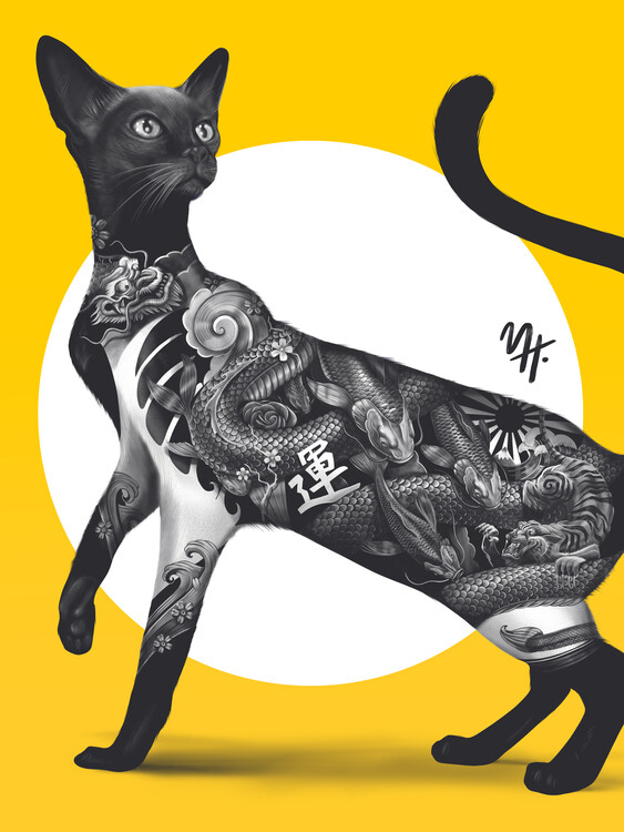 Poster Japanese Cat Tattoo Yellow