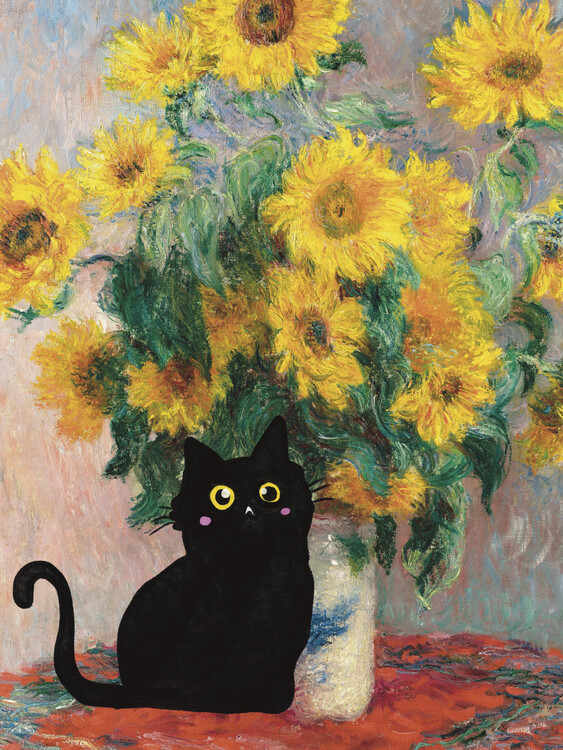 Poster Black Cat With Sunflowers