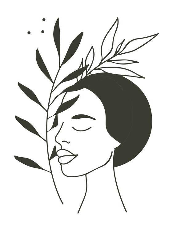 Poster Hand drawing woman face art with plants illustration