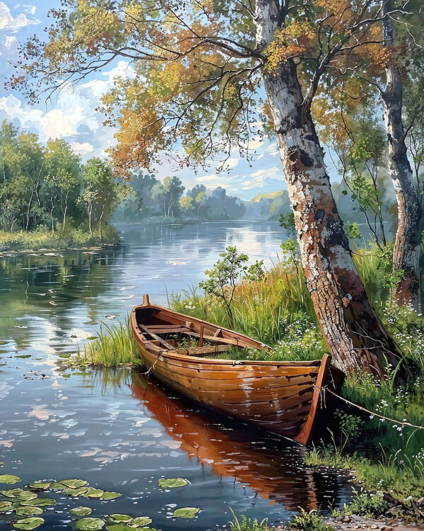 Poster Beautiful Landscape with a River & boat, Canvas Wall Decor