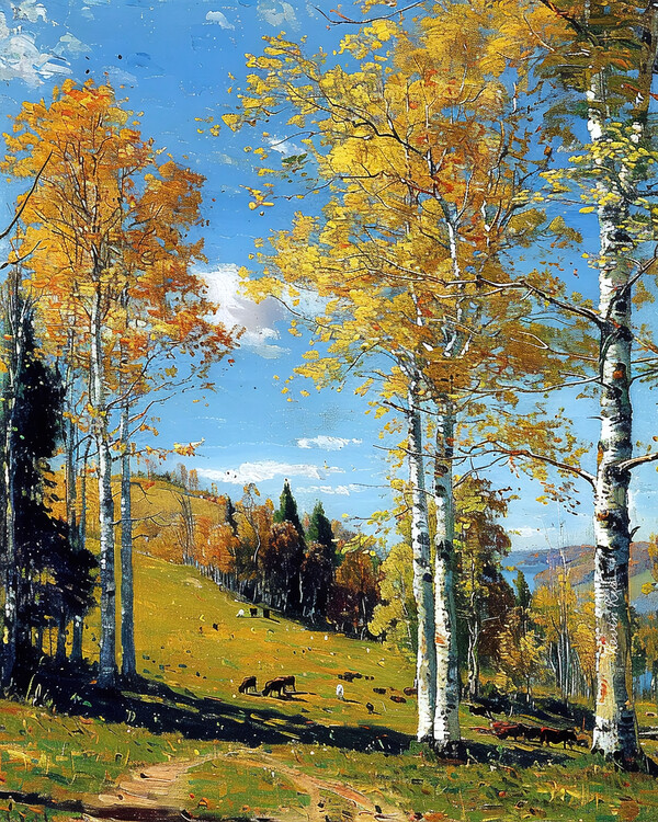 Poster Birch Forest Landscape with Vibrant Foliage, wall decor