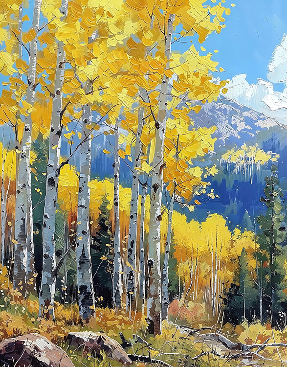 Poster Birch Trees with Yellow Foliage in Autumn, canvas wall deco