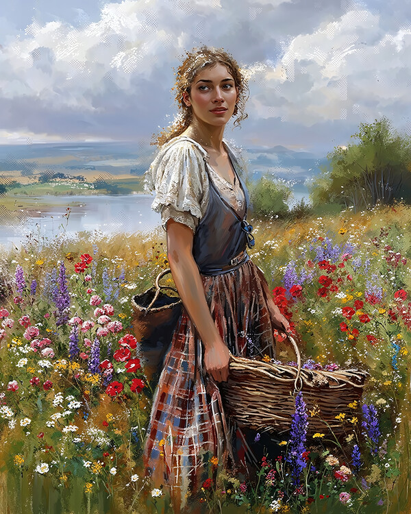Poster Charming Farm Girl Harvesting Spring Fruits, wall decor