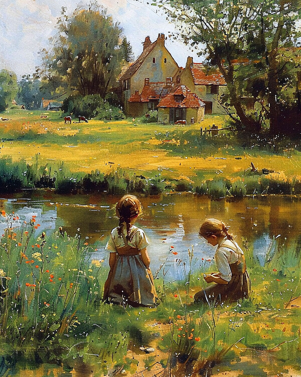Плакат Children Playing Outside a Countryside House, wall decor