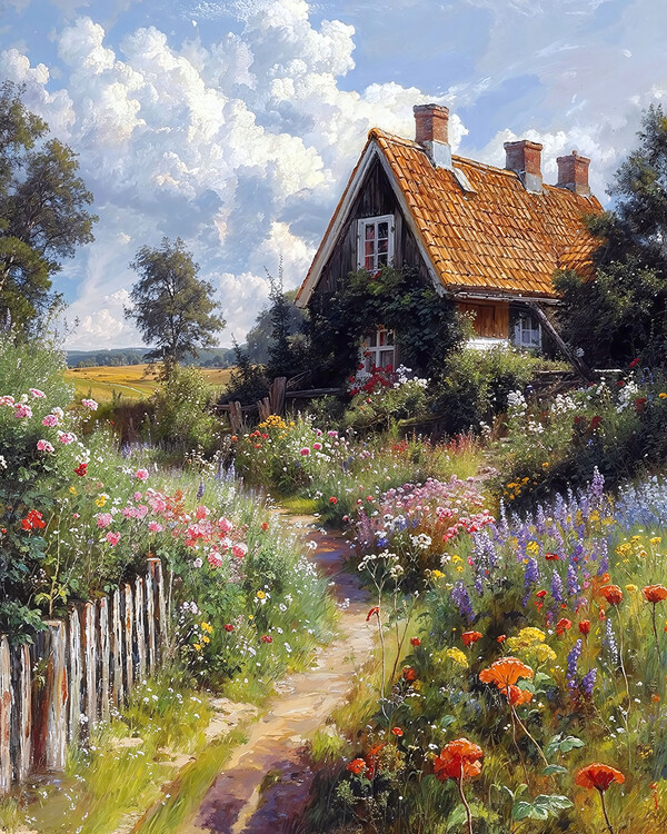 Poster Charming House with a Flower Garden and Botanical Landscape