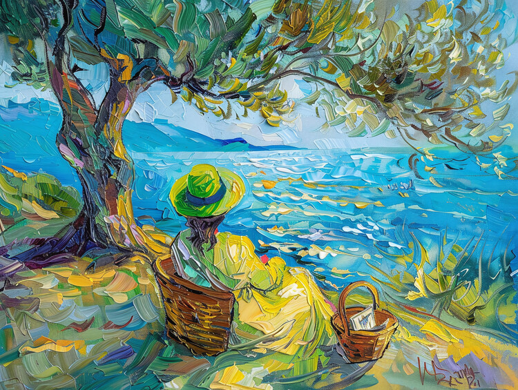 Плакат Colorful Abstract Oil Painting of a Modern Woman in Green an