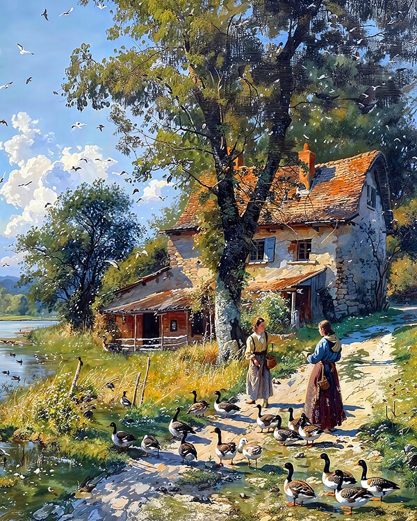 Poster Country Girl Caring for a Flock of Ducks, wall decor ideas