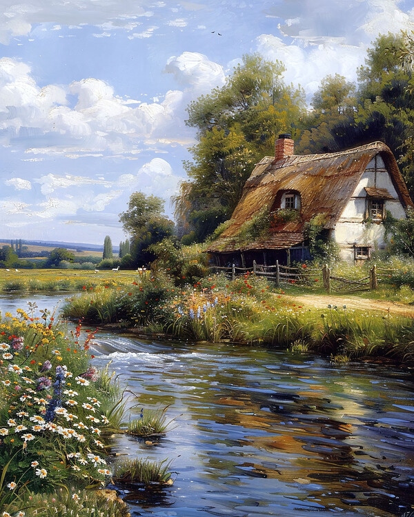 Poster Countryside House by a River – Landscape wall decor ideas