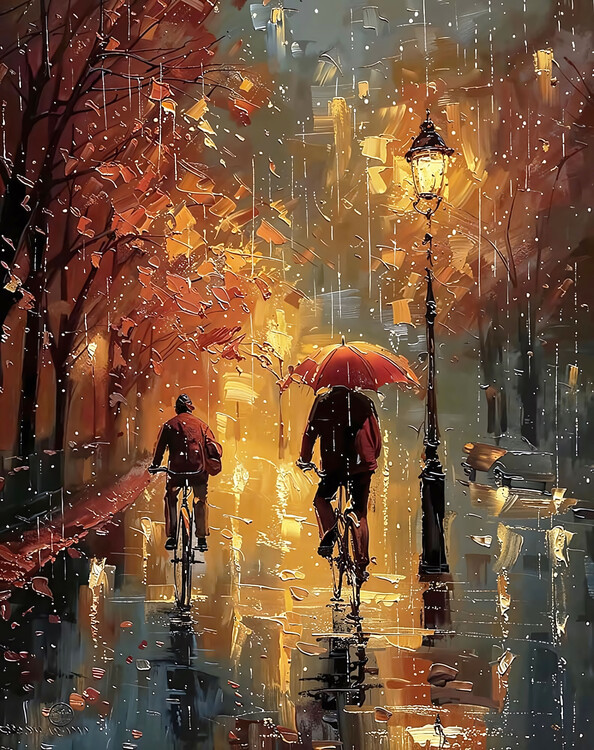 Плакат Cyclists Riding Through a Rainy Street, wall decor