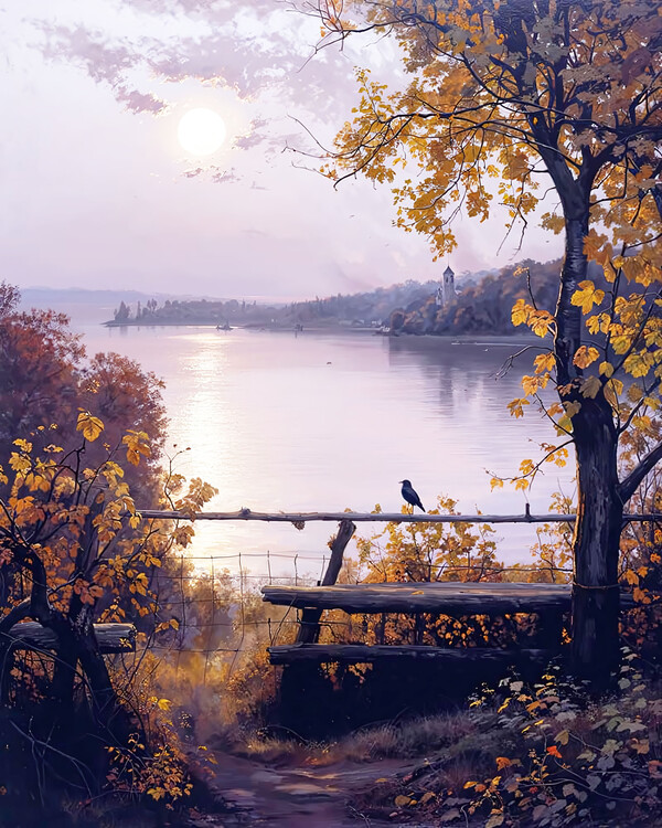 Poster Countryside House Garden by a Lake – Landscape Painting