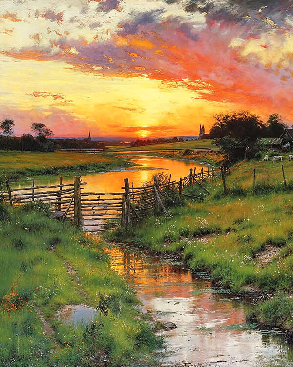 Poster Dusk Descending on a Meandering Countryside Stream wall decr