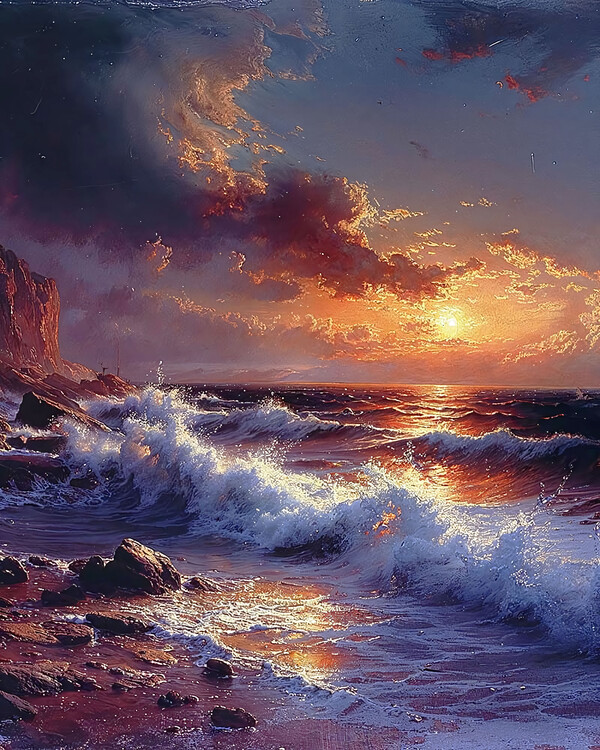 Poster Delicate Drawing of Sunset Waves on the Seaside, wall decor