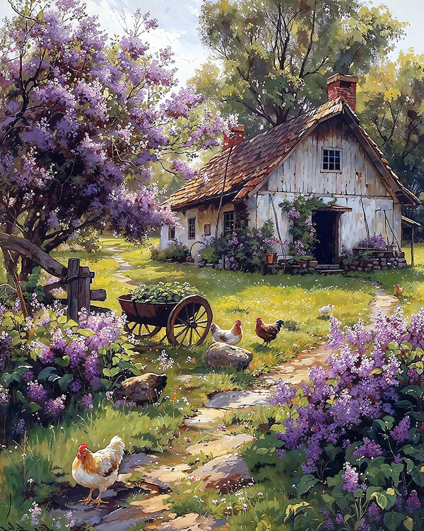 Poster Flowers and poultry in a wooden cabin garden, canvas decor