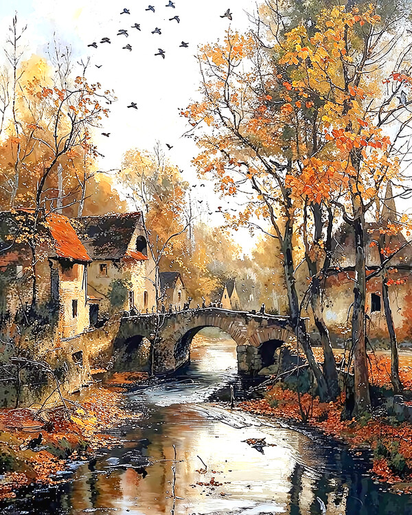 Poster Historic House and Bridge Crossing a River, wall decor