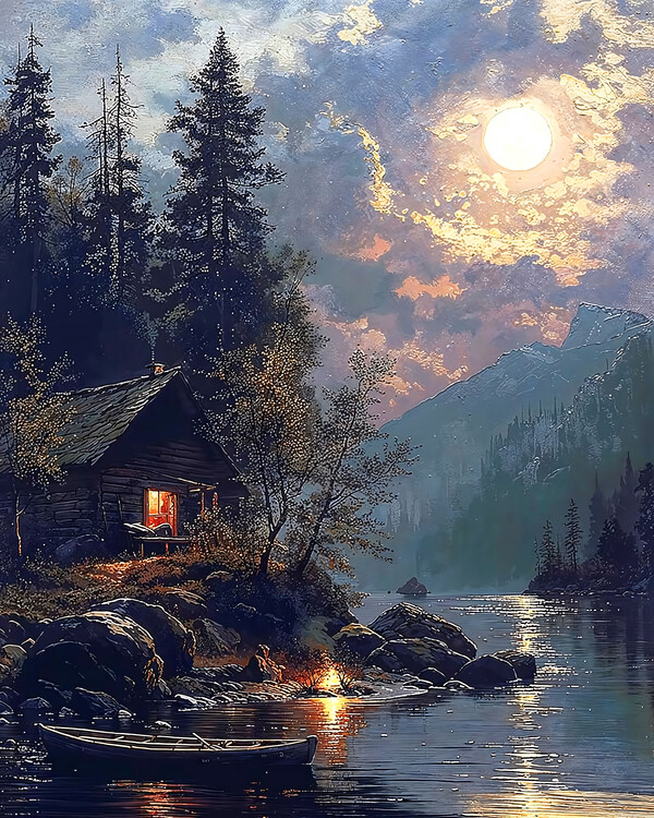 Poster House by a Lake Painted in Moonlight, wall decor for bedroom