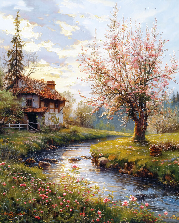 Poster Historic House & Landscape with a Winding River, wall decor