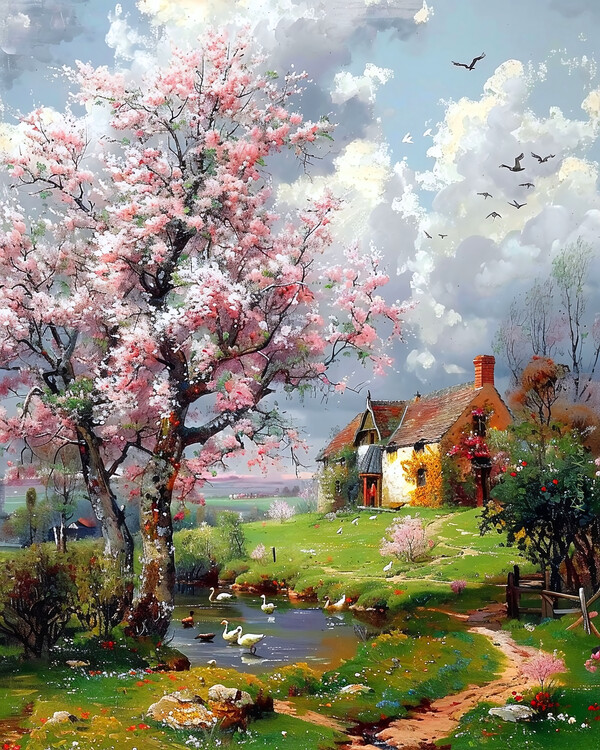 Poster Historic House and Landscape with Blooming Trees