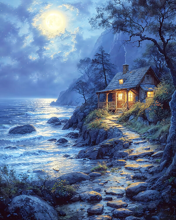 Poster House on the Edge of a Lake Under Moonlight in Blue Tones