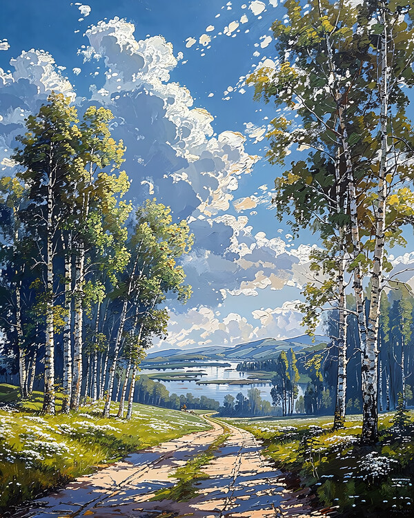 Poster Impressionist Oil Painting of a Large Autumn Landscape with