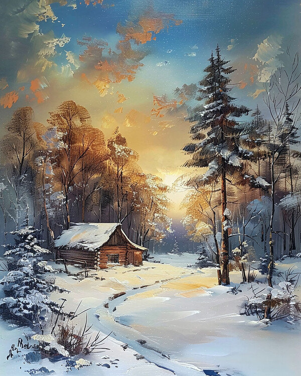 Poster Hut in a Snowy Forest – Winter Landscape