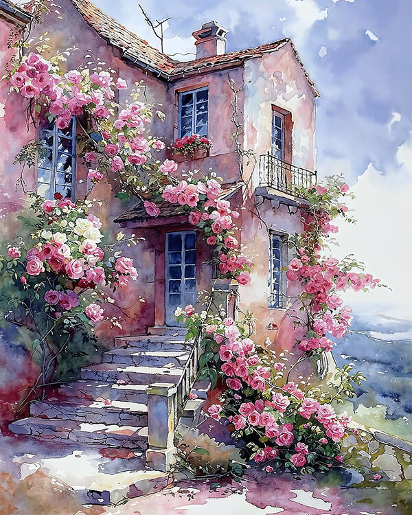 Poster House surrounded by climbing plants with red and pink flower