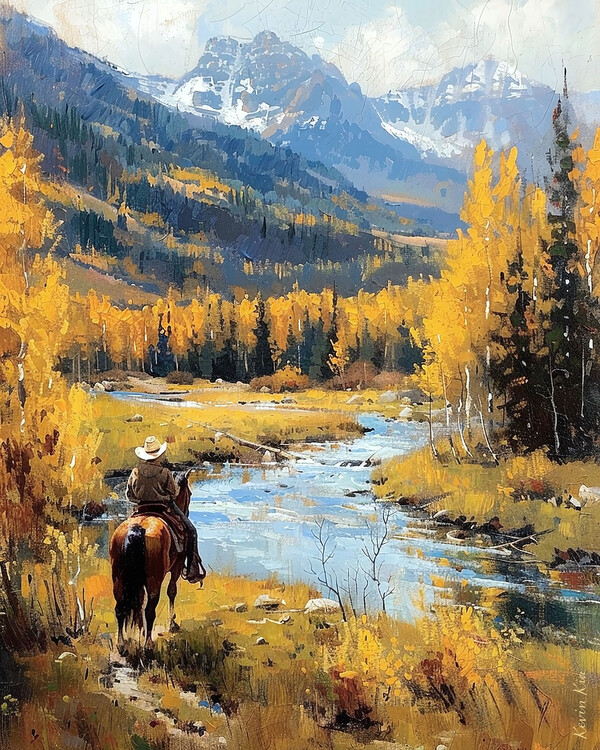 Poster Knight on Horseback in a Lush Hill Landscape canvas decor