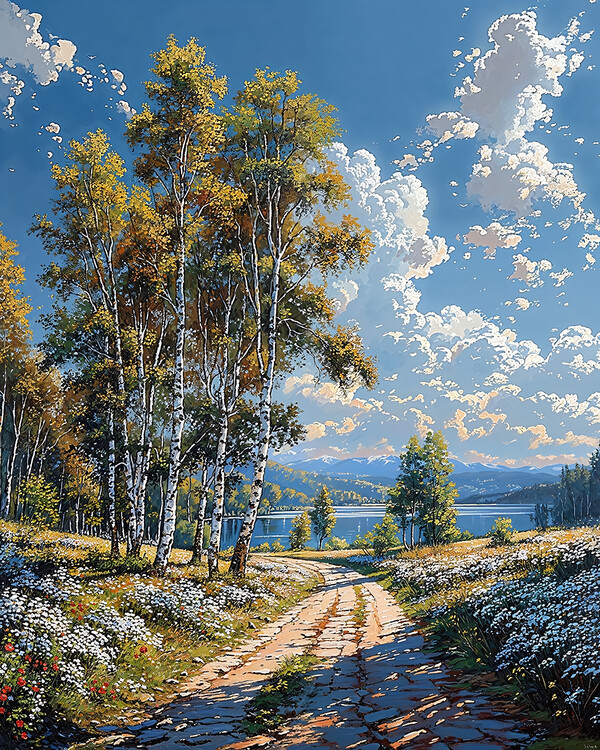 Poster Impressionist Oil Painting of a Large Autumn Landscape with