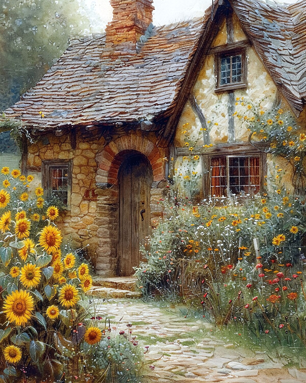 Αφίσα Medieval House Garden with Sunflower Blooms, wall decor