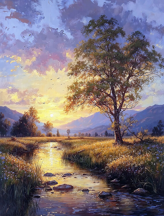 Αφίσα Morning Landscape with Sunrise Over the Mountains